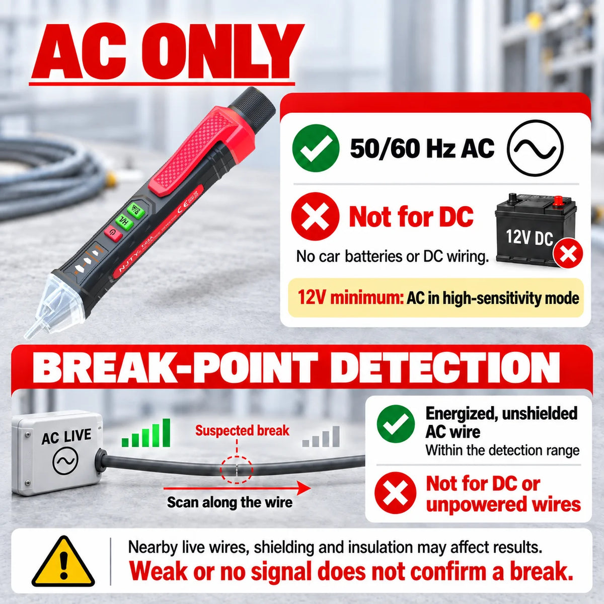 Non-contact Voltage Tester 12-1000V AC Pen Circuit Electric Indicator Wall Tool With Flashlight Buzzer