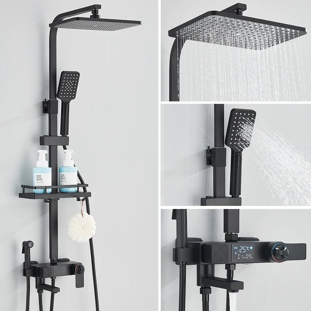Black Digital Display Thermostatic Shower Faucet Set