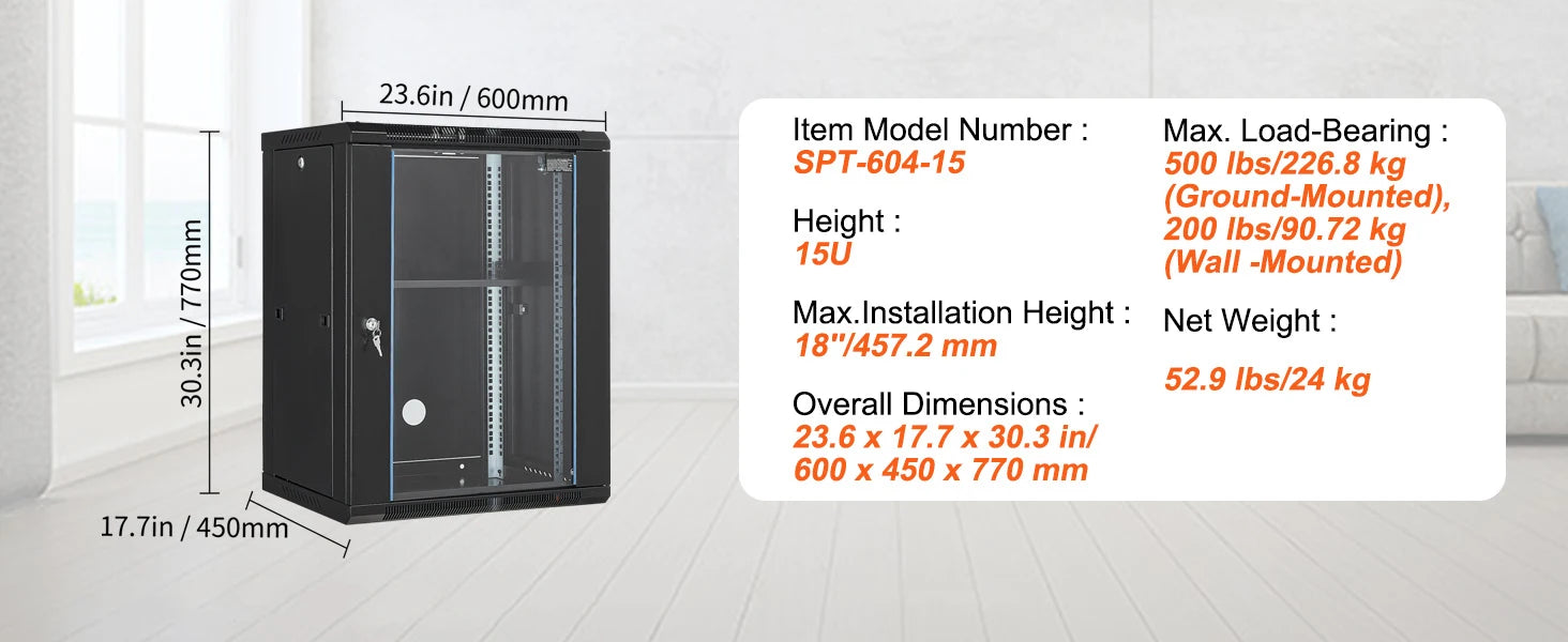SucceBuy 15U Wall Mount Server Cabinet 500lbs Max Ground-mounted Load Capacity Network Rack Enclosure for IT A/V Devices Use