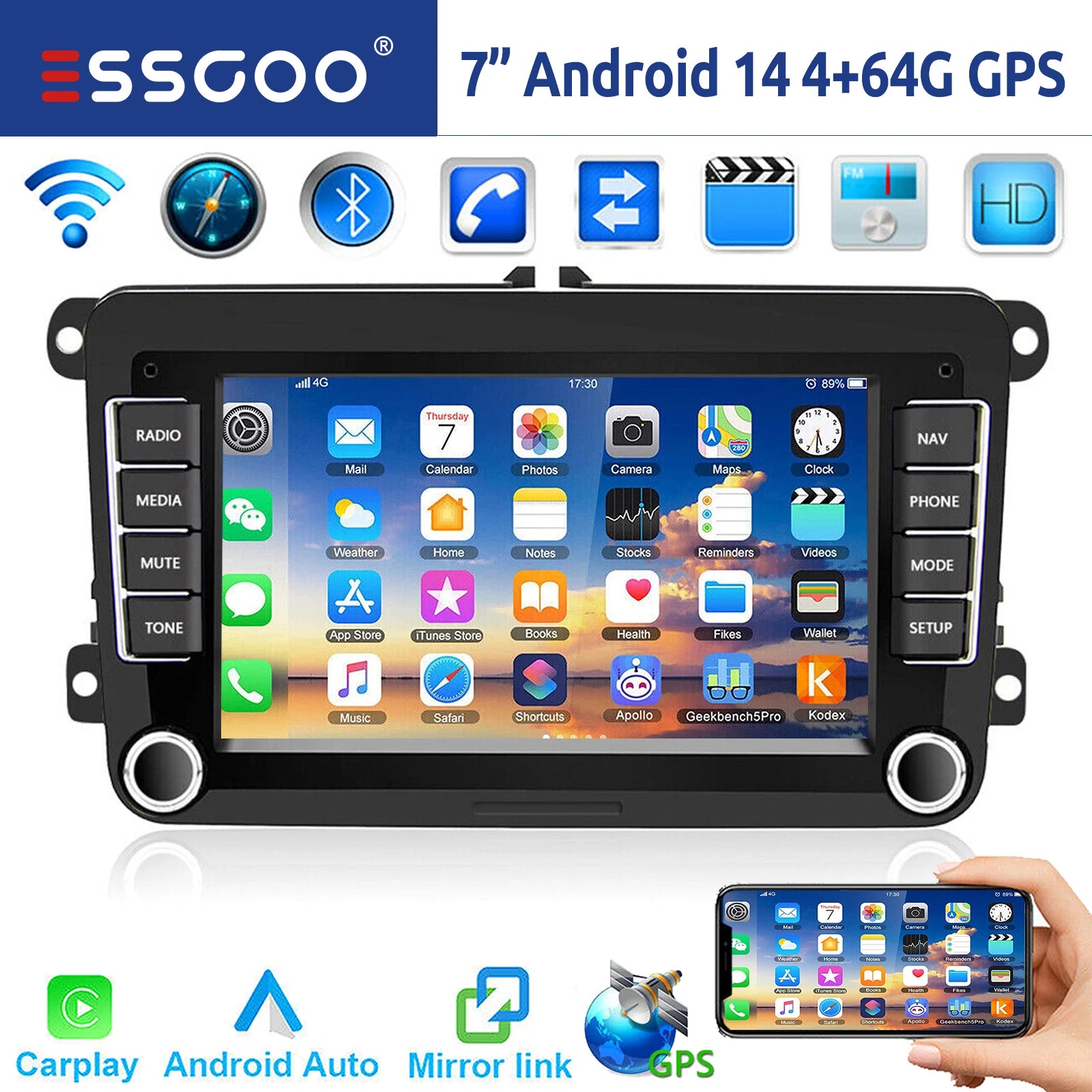 7" Android 14 Car Stereo for VW with CarPlay, GPS & Voice AI