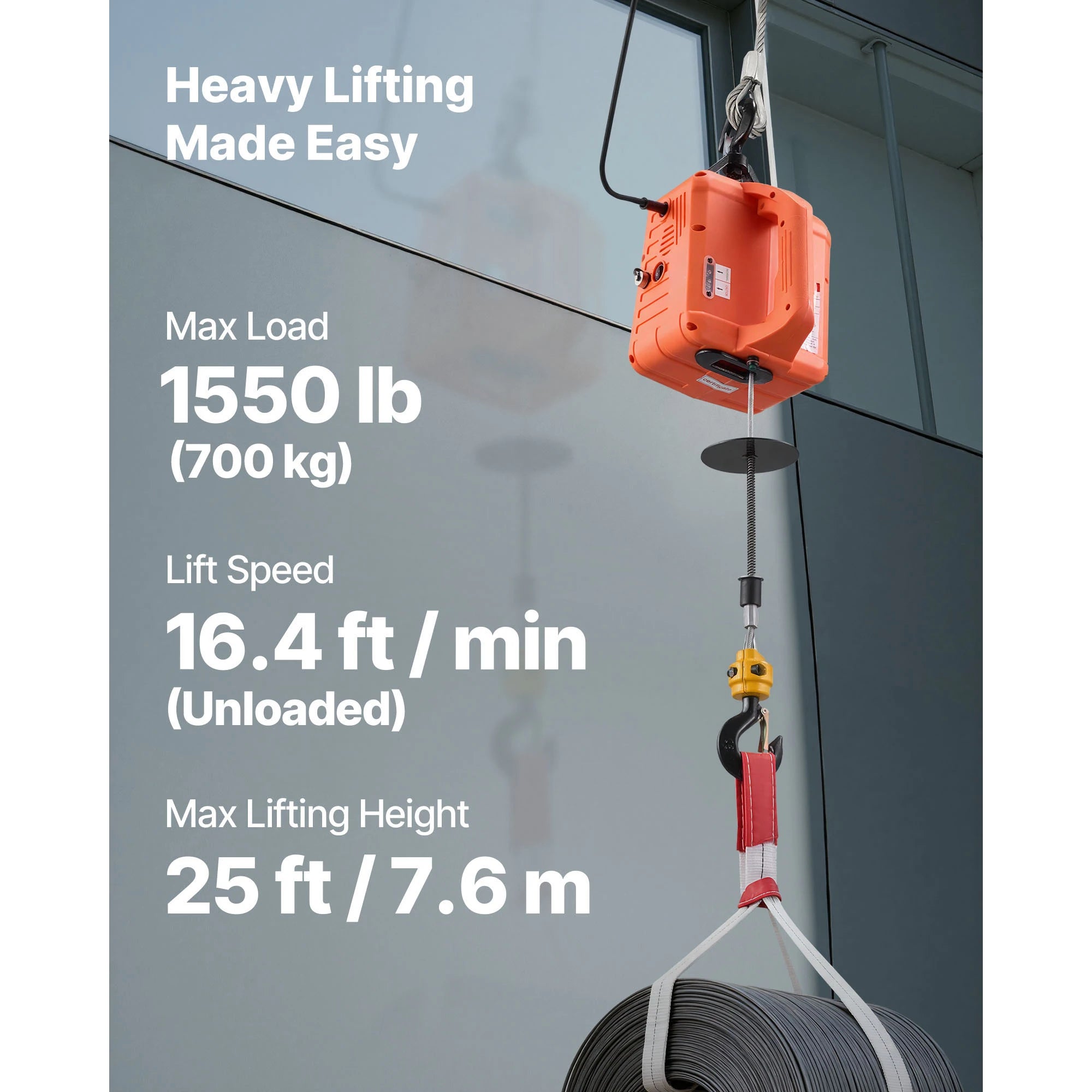 SucceBuy 1550Lbs 3-in-1 Electric Hoist Winch 1500W Portable Power Winch Crane 25 ft Lifting Height for Factory Warehouss Garage