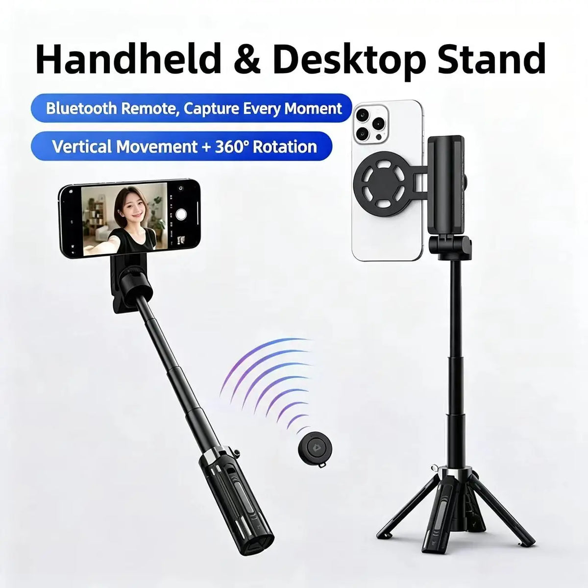 Phone Selfie Stick and Tripod with Bluetooth Remote