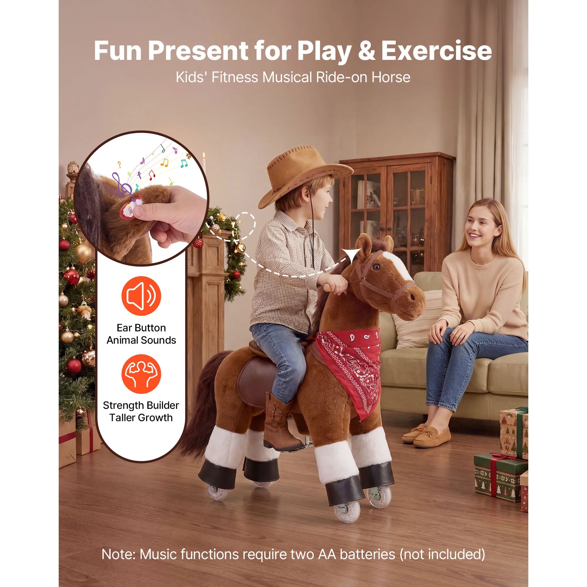 SucceBuy 110/176 lbs Kids Ride On Horse Smooth Wheels with Anti-Roll Stop Ring & Handles Pedals Riding Pony Toys for Children