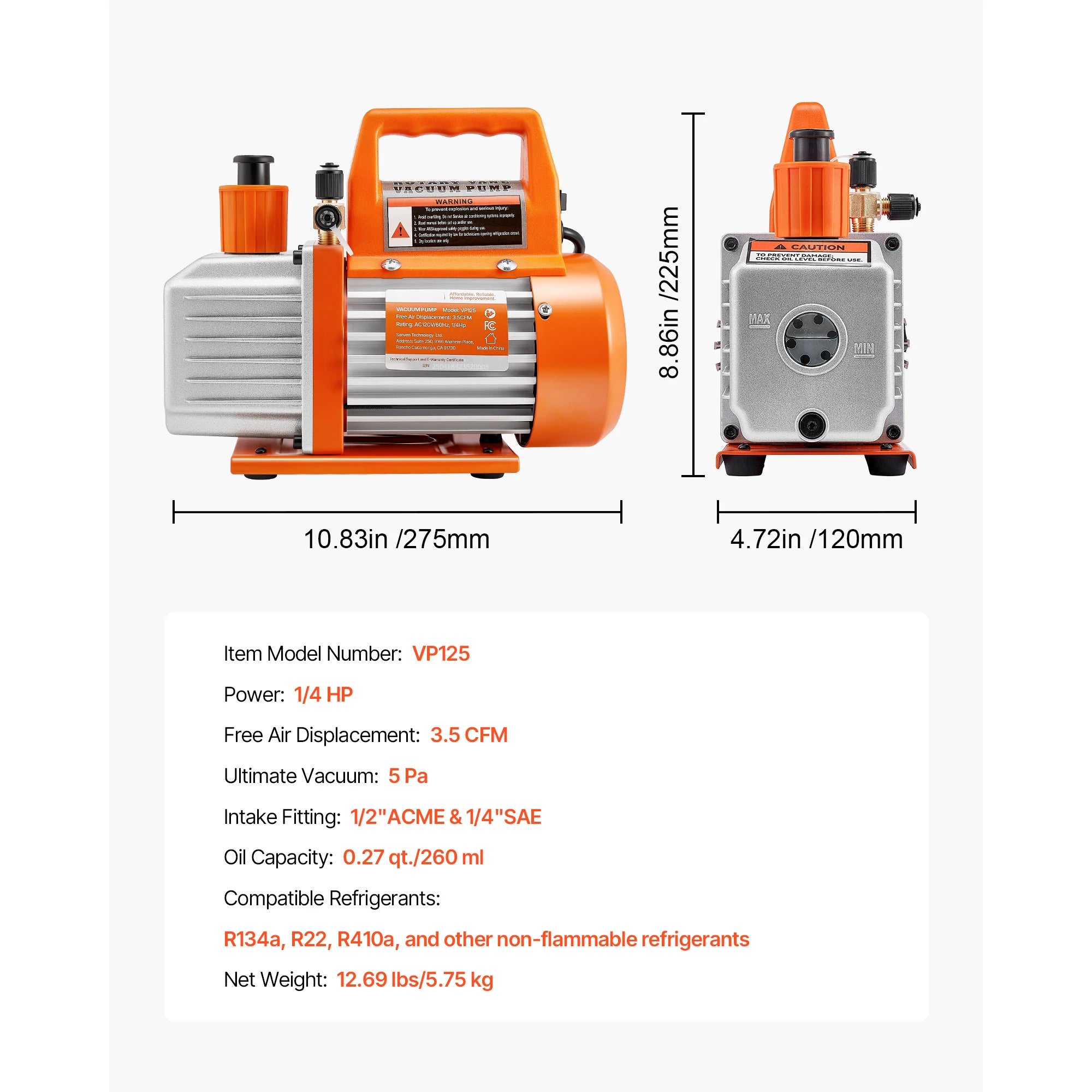 3.5 CFM HVAC Vacuum Pump 1/4 HP with Oil for AC Service