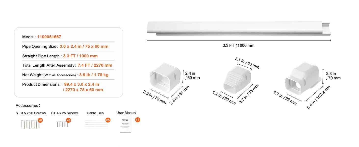 SucceBuy Mini Split Line Set Cover PVC Decorative Pipe Line Cover For Air Conditioner Easy to Install Paintable for Heat Pump
