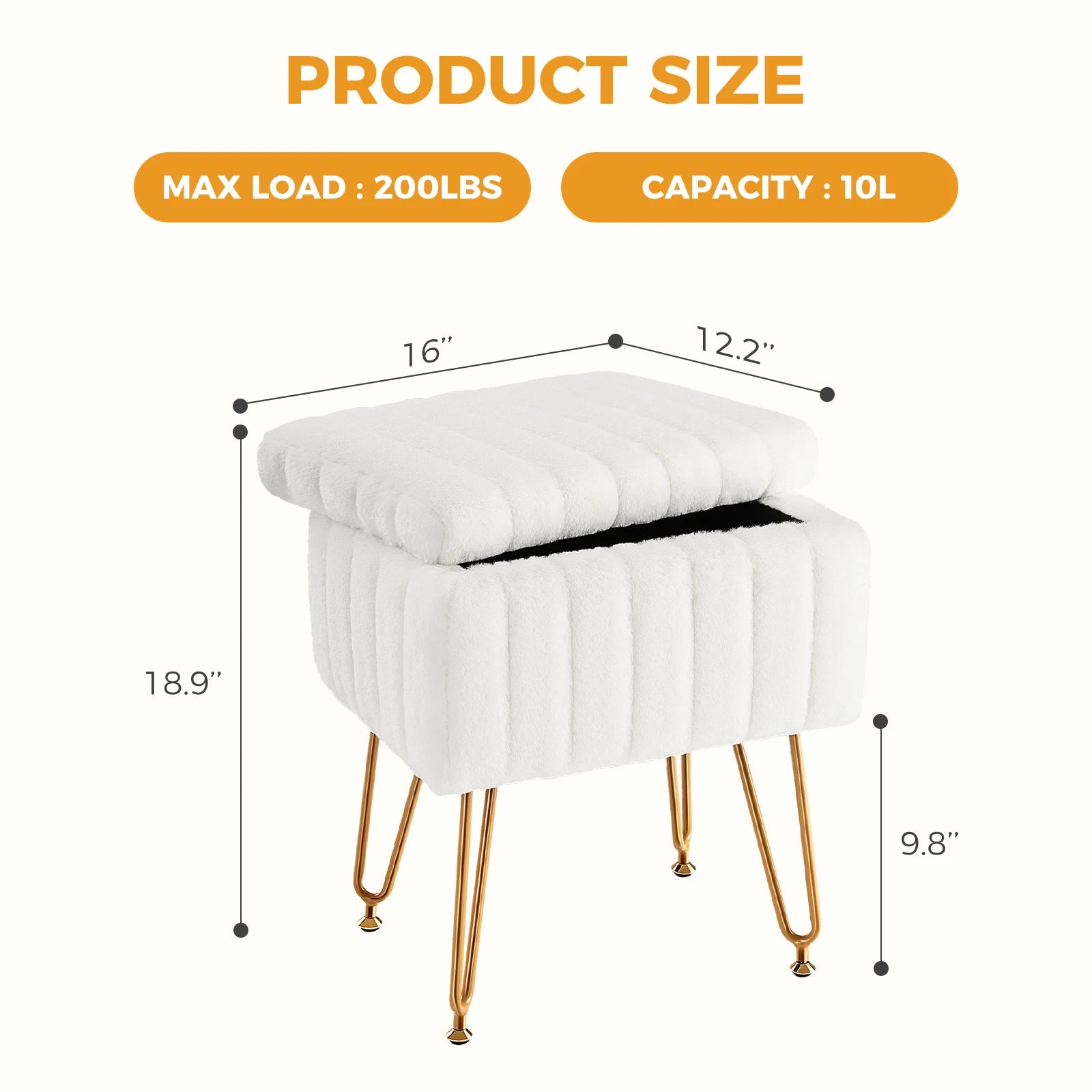 Faux Fur Storage Ottoman Stool with Hidden Compartment & Metal Legs