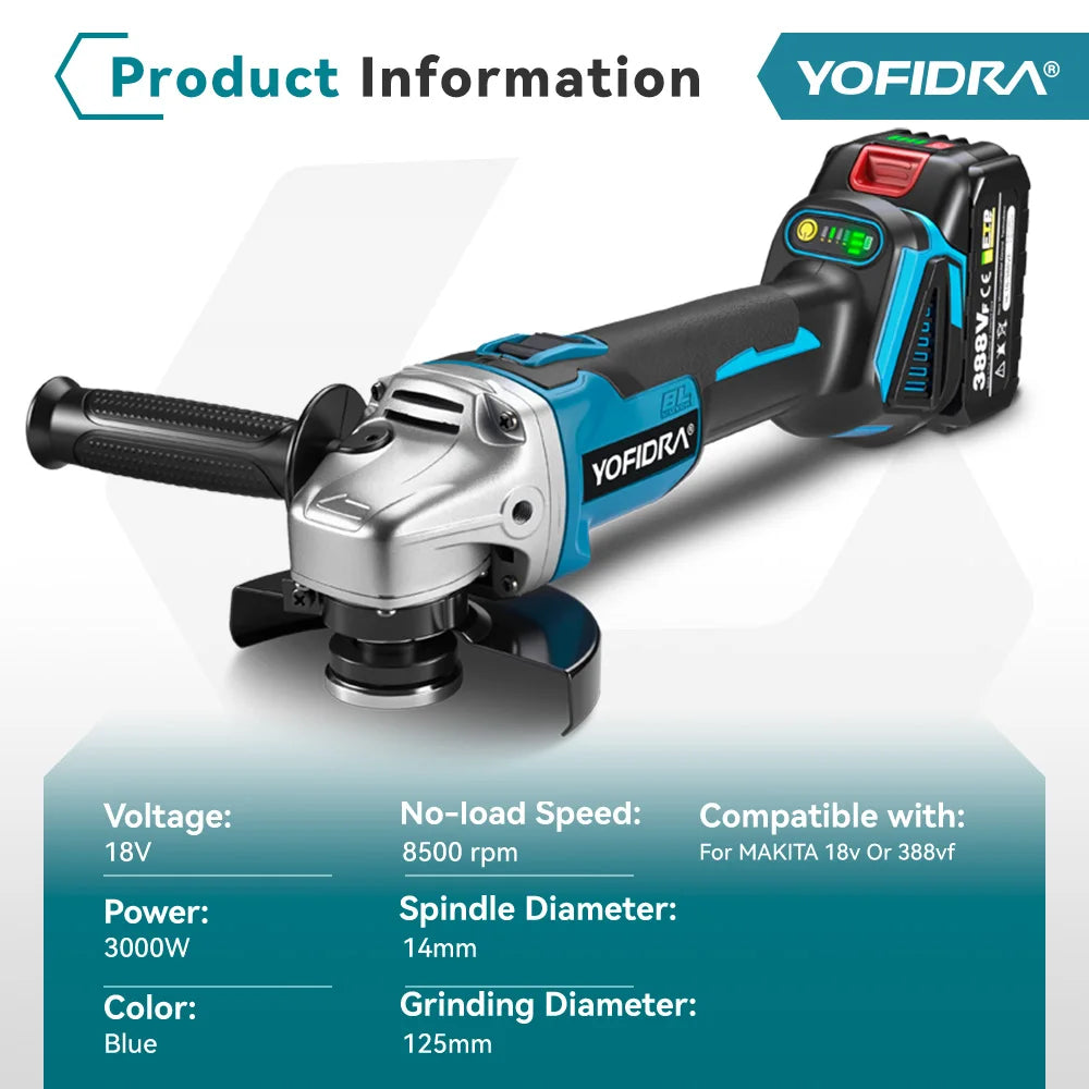 Yofidra 125mm Brushless Angle Grinder with 4-Speed Control
