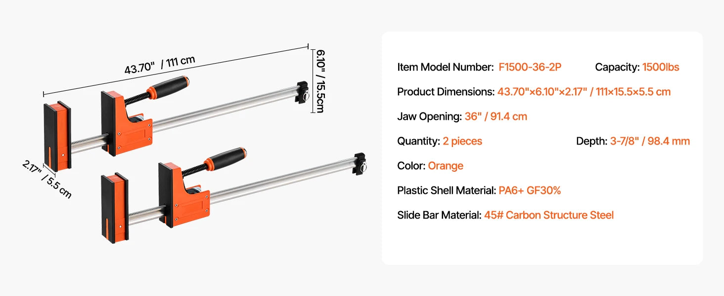 SucceBuy bøjle-klemmer 2 stk. 50" parallelle klemmer sæt F-klemme med belastningsgrænse 1100 lbs højstyrke plast og kulstofstål træklamp