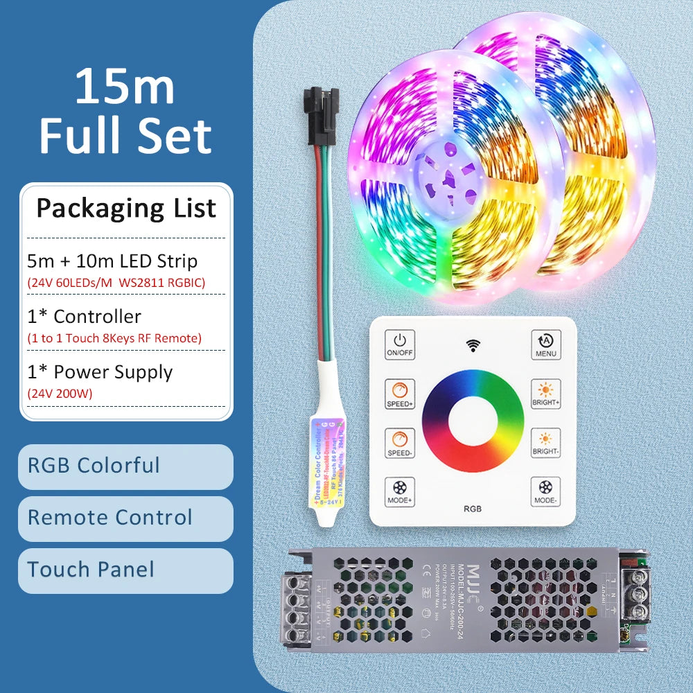 LED-stripe RGBIC 5050 24V WS2811 5M 10M 15M 20M RGB IC løpende vannstrømmende lys tape diodebånd romdekorasjonslampe