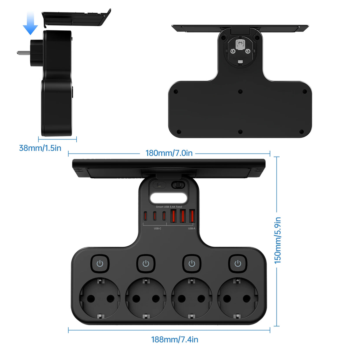 EU Switched Socket Adapter with USB-C