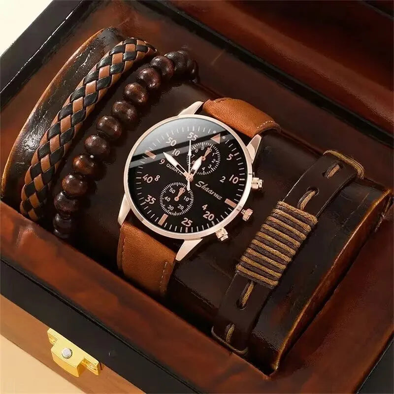 Men Watch Bracelet Set with Brown Leather Strap