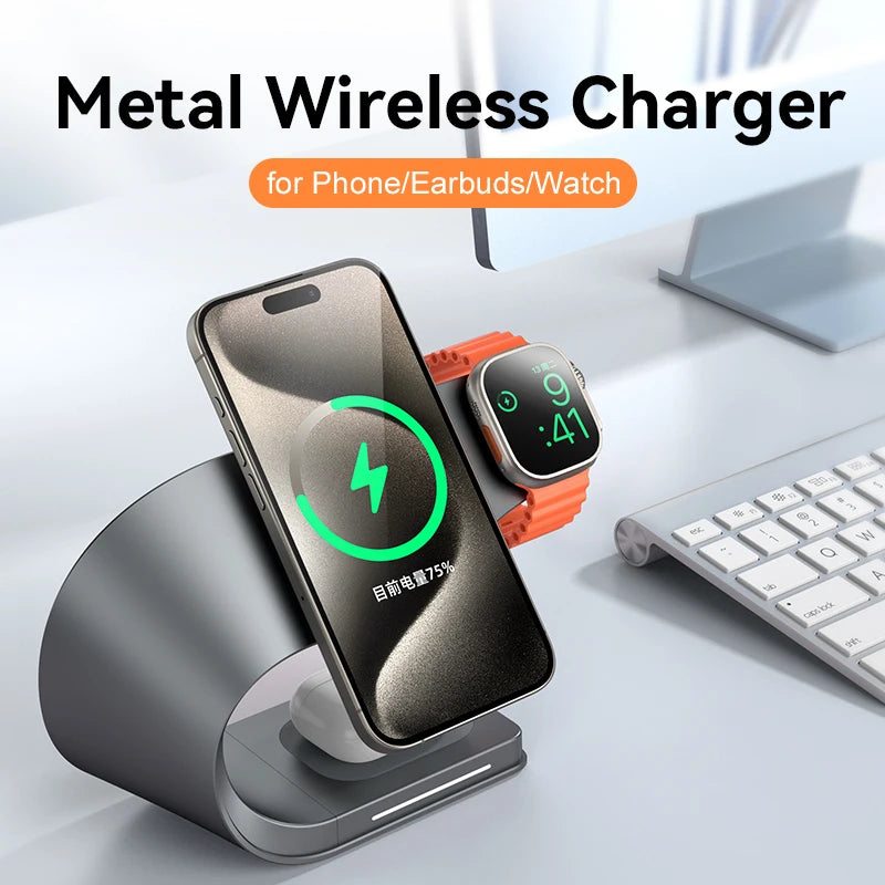 4 in 1 Wireless Charger Metal Shell for iPhone 15 14 13 12 Magnetic Fast Charging Station Stand Dock for Apple Airpods Watch