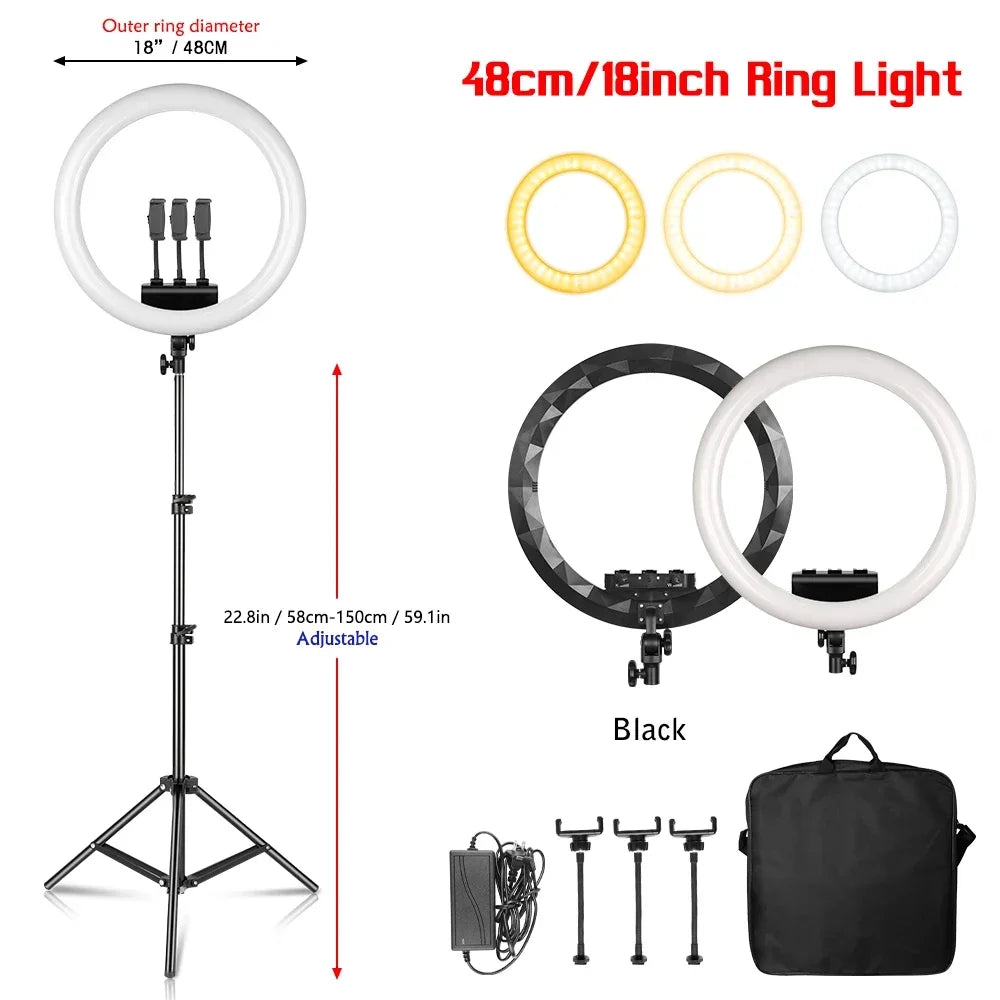 SH 18 Inch Thin Ring Light LED Selfie Video Lamp With Tripod Stand Phone Clip For YouTube Live Light Photography Studio