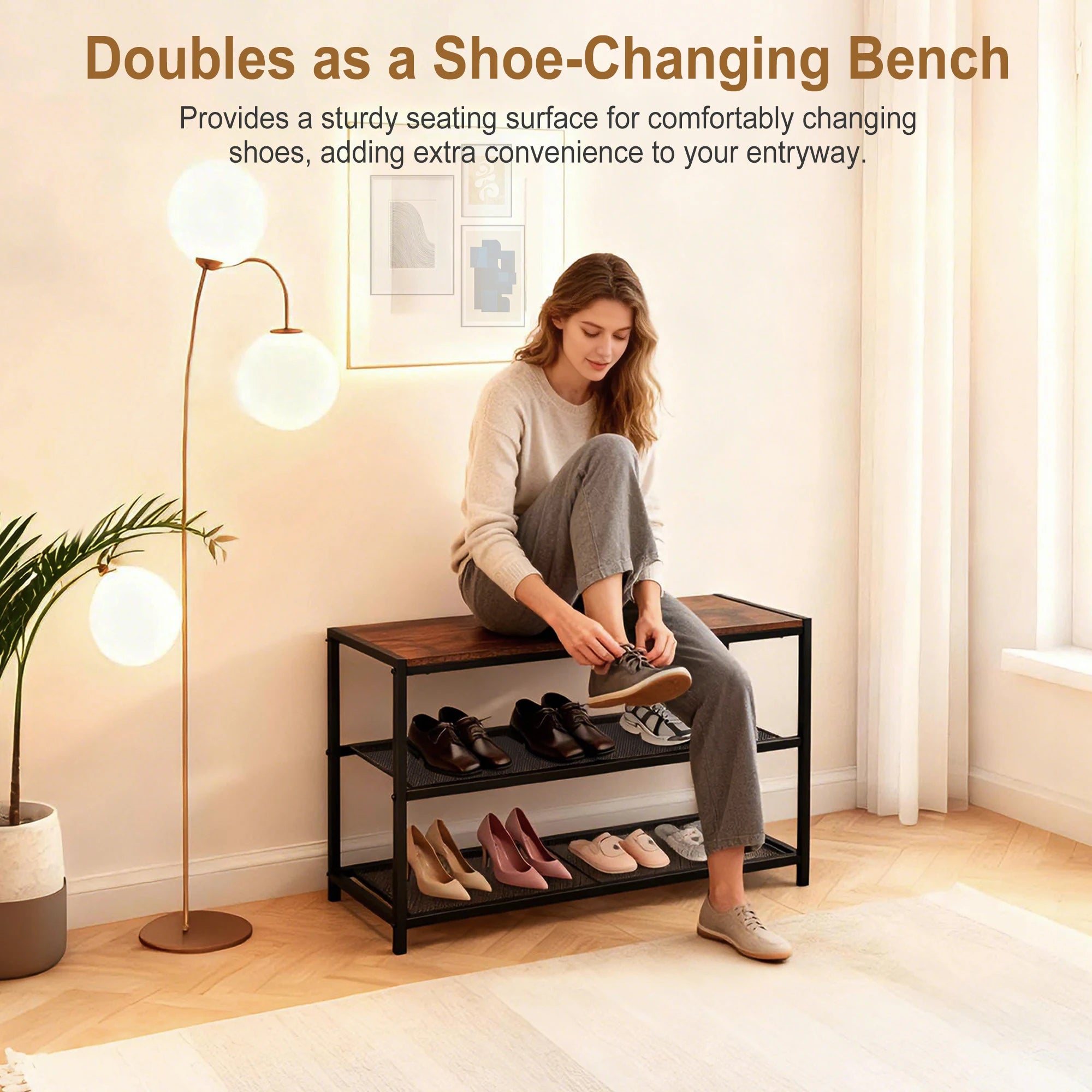 3-Tier Shoe Bench with Storage Shelves for Entryway Organization