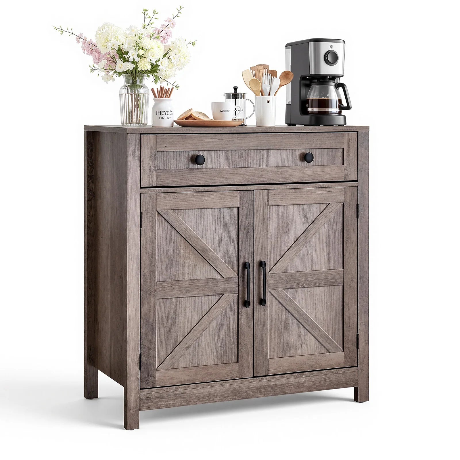 SucceBuy Coffee Bar Cabinet Farmhouse/Mid Century Coffee Bar Table Buffet Stand Cabinet for Entryway Grey/White/Walnut/Black/Oak