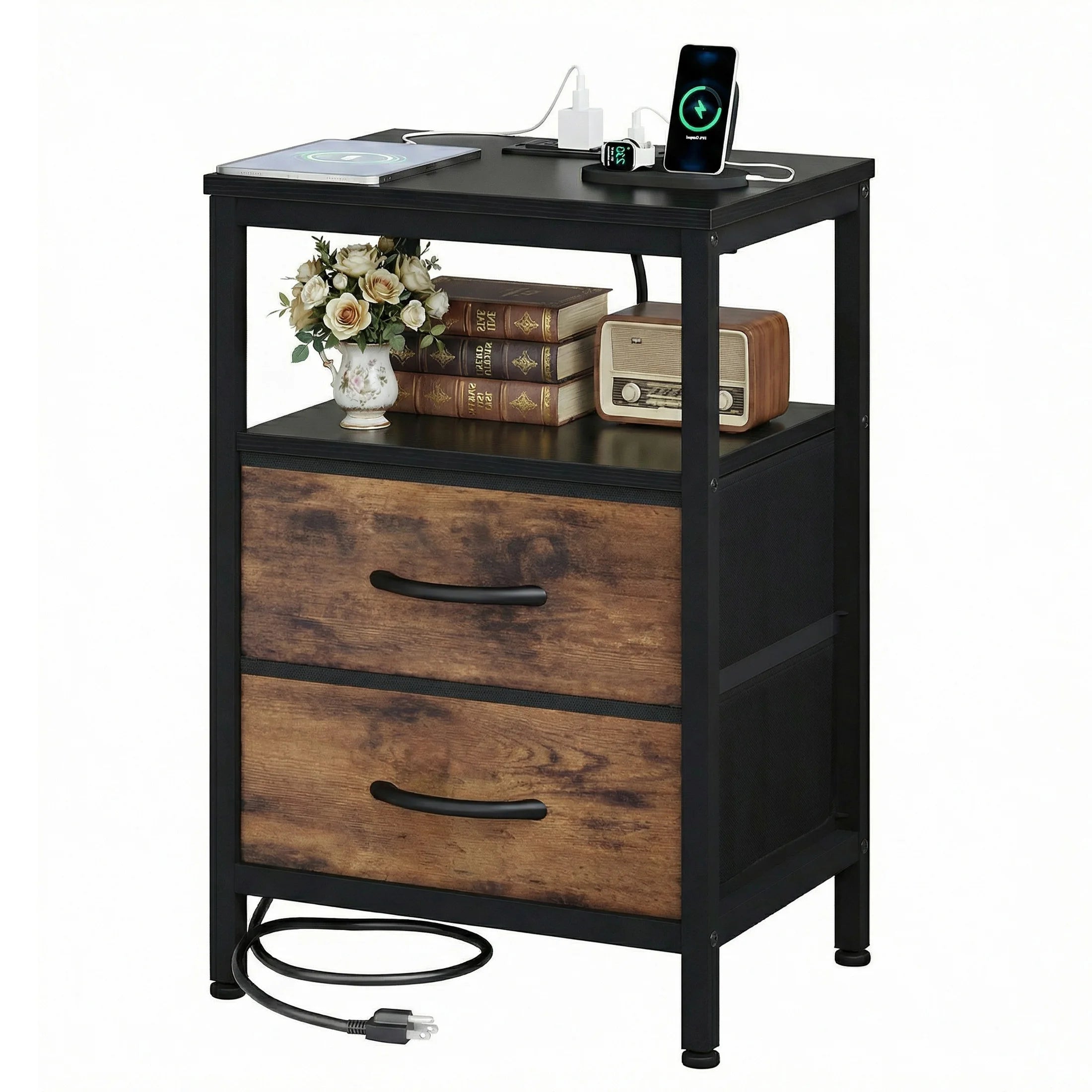 Nightstand with Charging Station, 2 Fabric Drawers & Shelf
