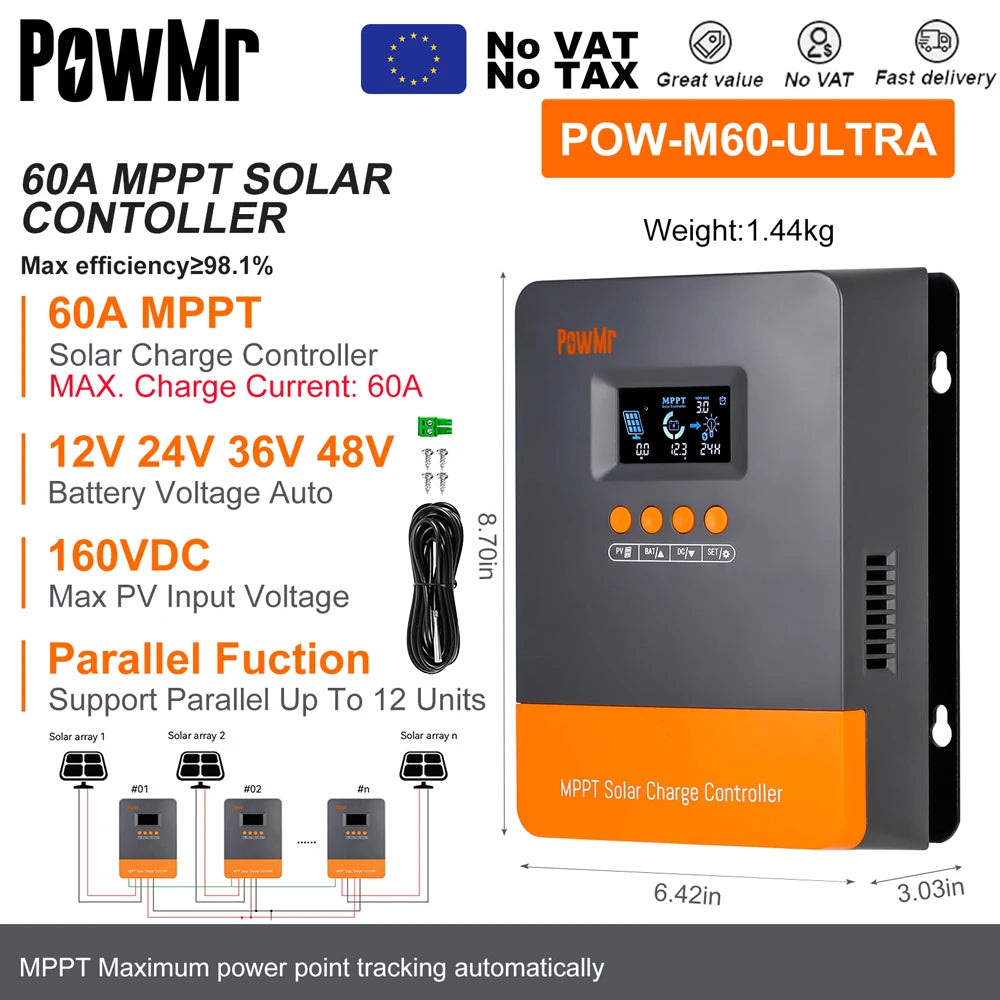 PowMr MPPT 100A 80A 60A 40A 30A 30A 20A Solar Charger Controller LCD Work With 12V 24V 36V 48V Lead-acid Lifepo4 Battery Solar Panel