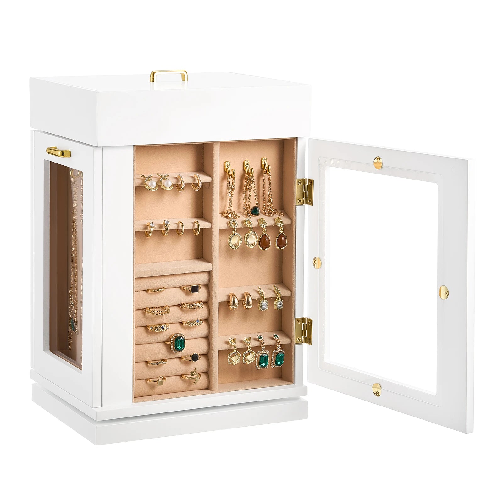 360° Rotating Jewelry Organizer Box with Acrylic Window & Hooks