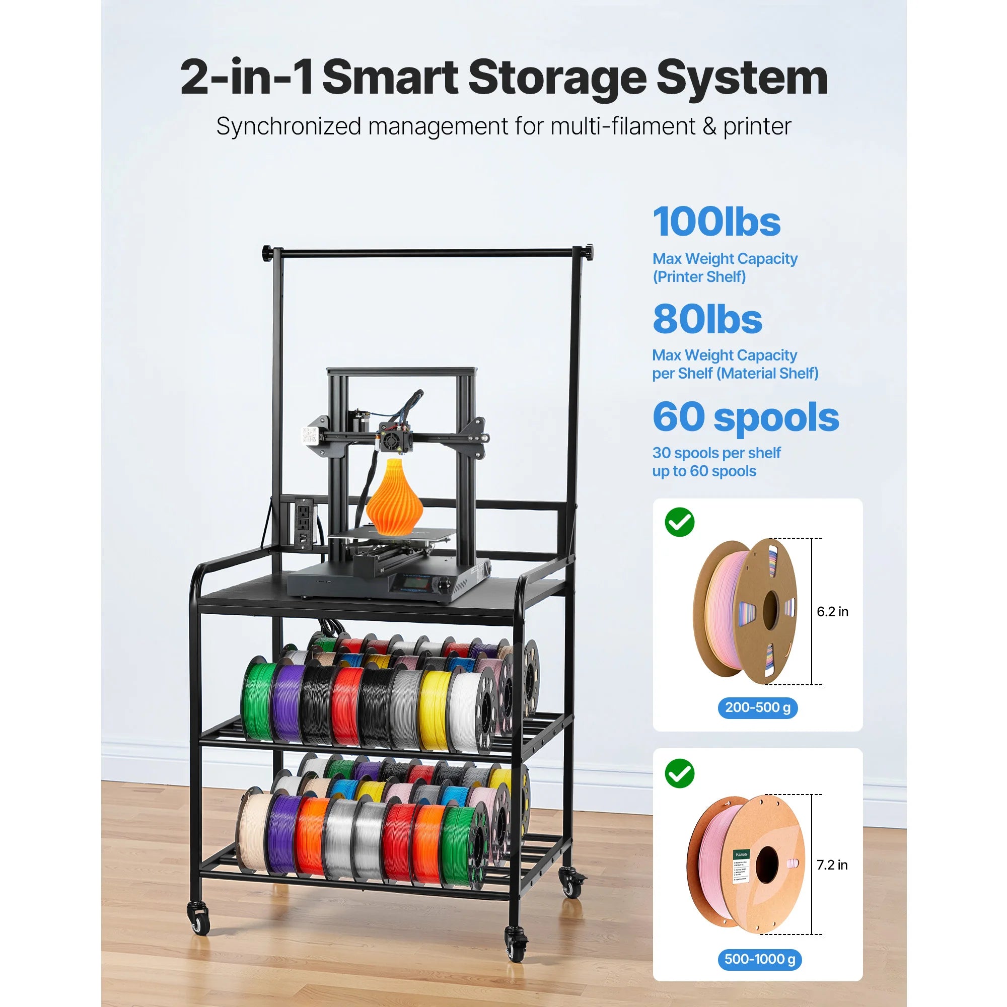 3-Tier 3D Printer Filament Storage Rack with Wheels & Power
