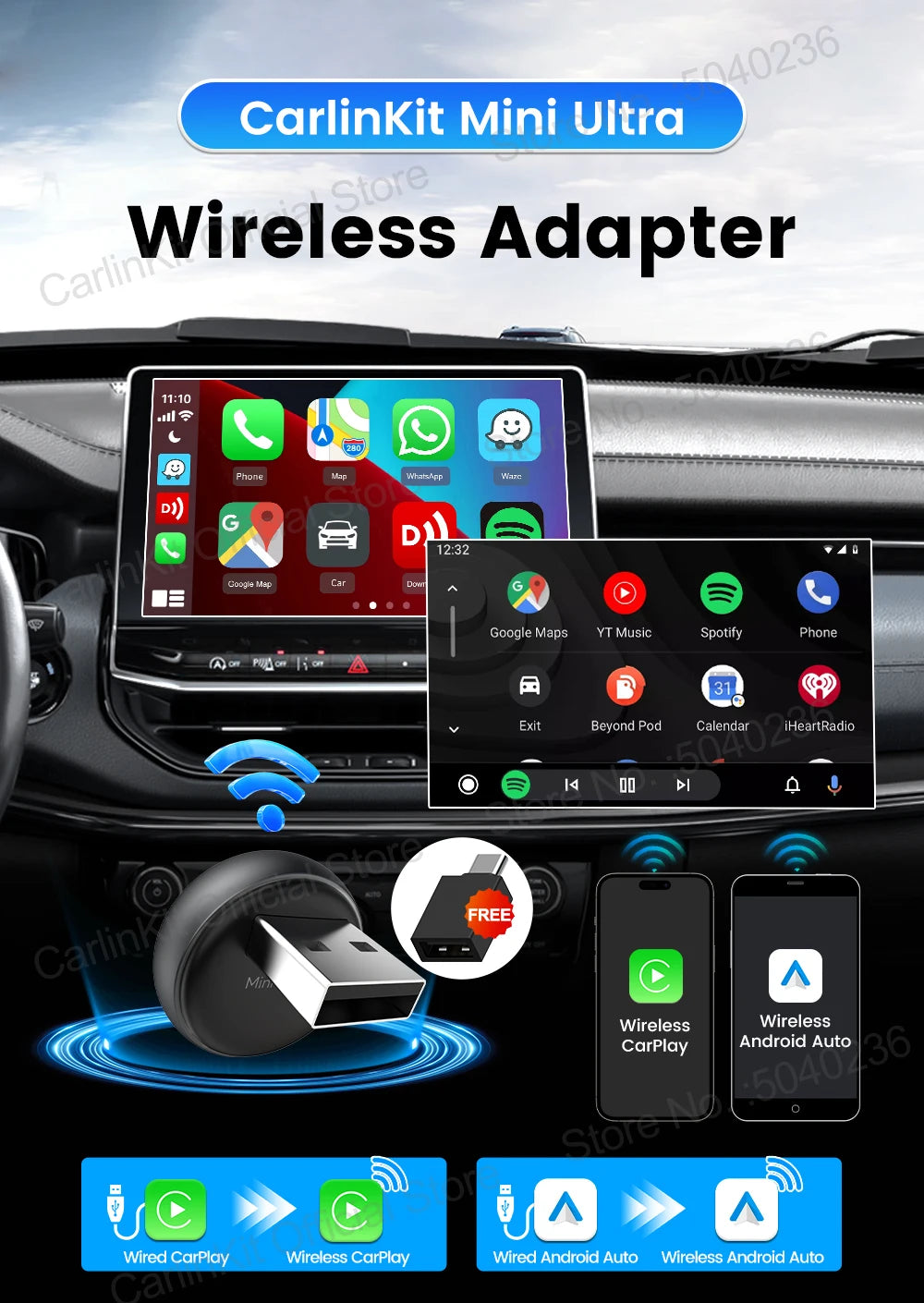 Wireless CarPlay and Android Auto USB Adapter