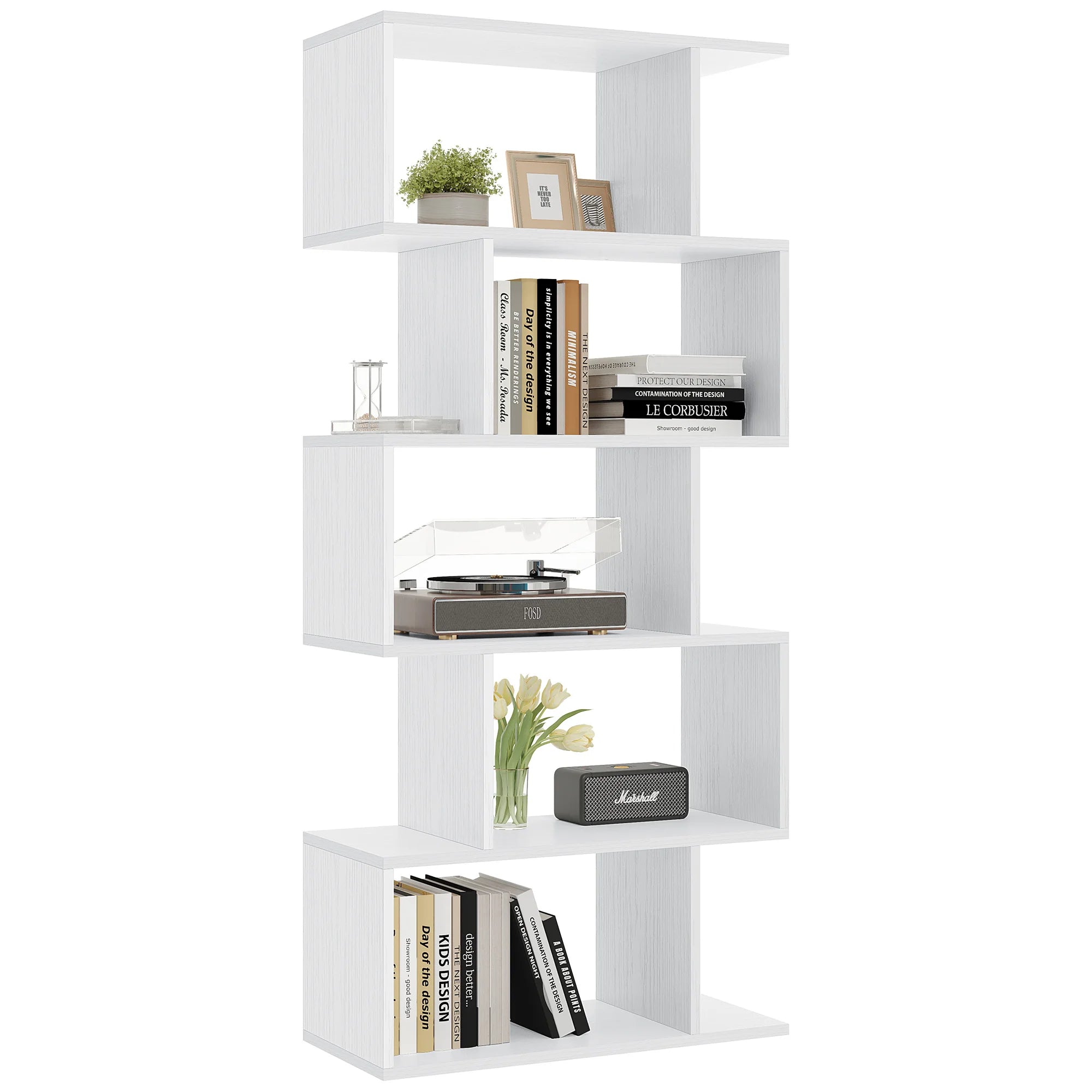 62 Inch 5-Tier S-Shaped Bookcase Wooden Storage Display Shelf