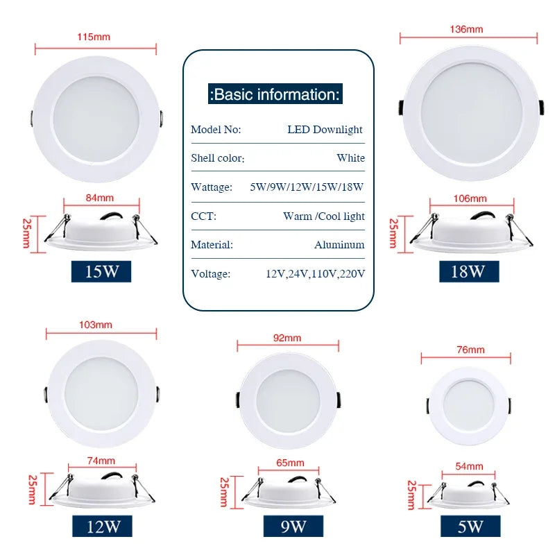 Round Recessed LED Downlight, Voltage Options