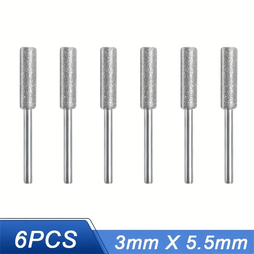 6pcs Diamond Coated Cylindrical Burr 4/4.8/5.5mm Chainsaw Sharpener Stone File Chain Sharpening Carving Grinding Tools Kits