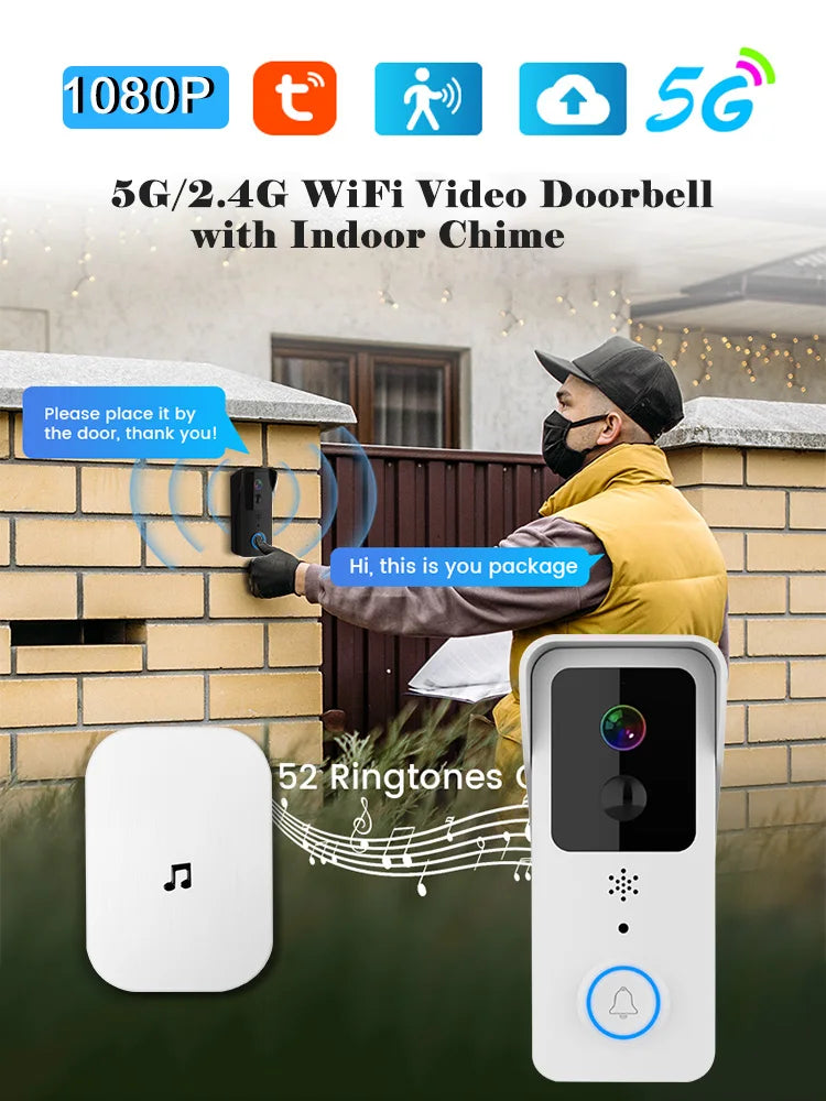 5G 2.4G WiFi Video Doorbell 1080P Tuya Smart Outdoor Wireless Intercom Waterproof Wireless Camera Ringing Bell