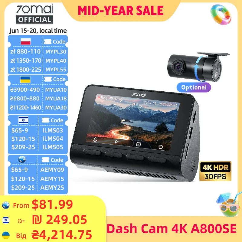 70mai A800SE 4K Dash Cam with GPS, ADAS & Voice Control