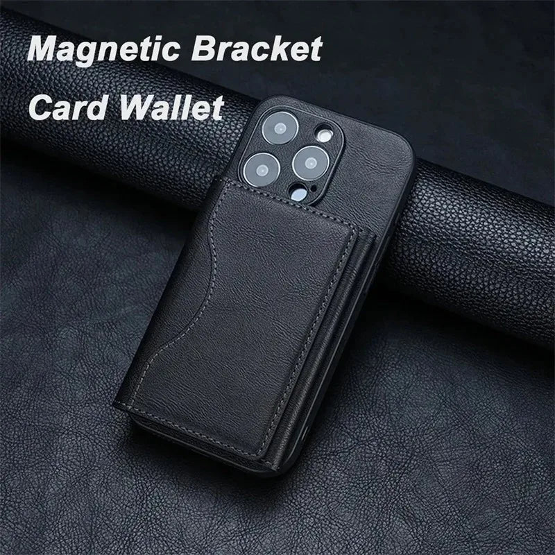 Powerful Magnetic Leather Wallet Magsafe for IPhone 16 15 Pro Max for IPhone 15 14 Pro Card Holder Phone Pouch Protective Case