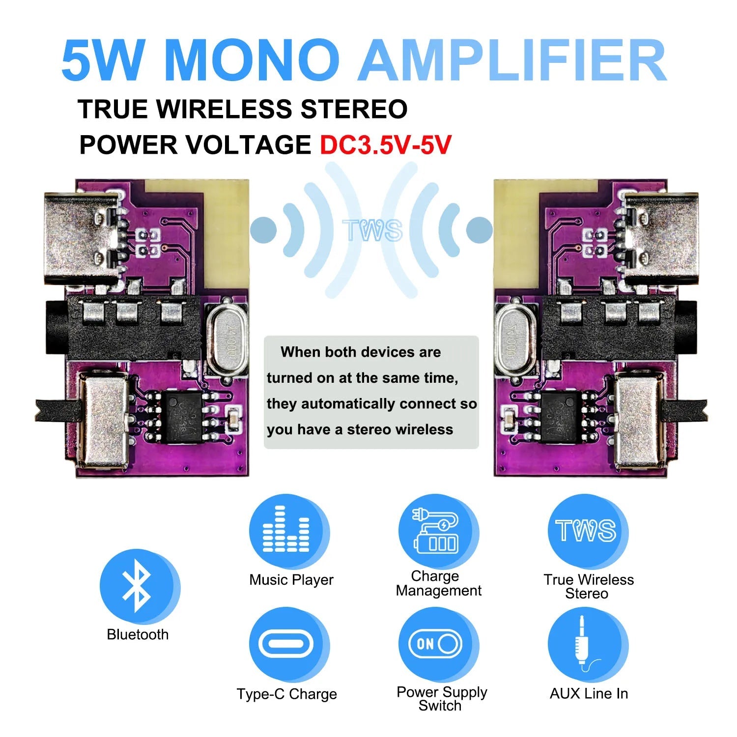 DC 3.5V-5V 5W Bluetooth 5.4 Mono Amplifier Decoder Board MP3 Player TWS 3.5mm AUX Module Receiver DIY Handmade Speaker