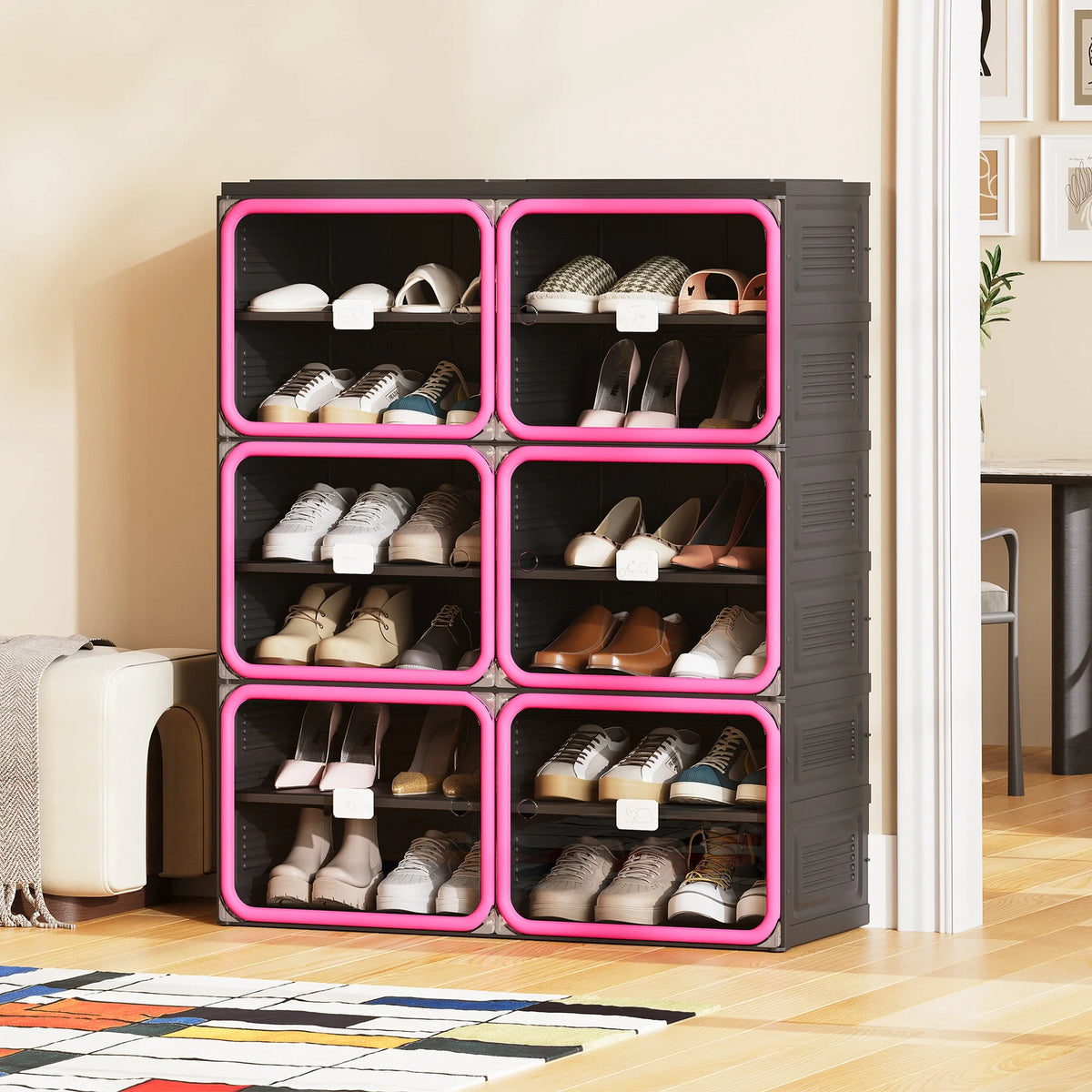 Νarrow Shoe Cabinet Folding Shoe Cabinet With Magnetic Door, Shoe Rack With 6 Doors And 12 Compartments, Shoe Cabinet, For 24 Pairs Of Shoes, 85 X 34 X 108 cm, Plastic Storage Cabinet, For Living Room, Bedroom, Hallway