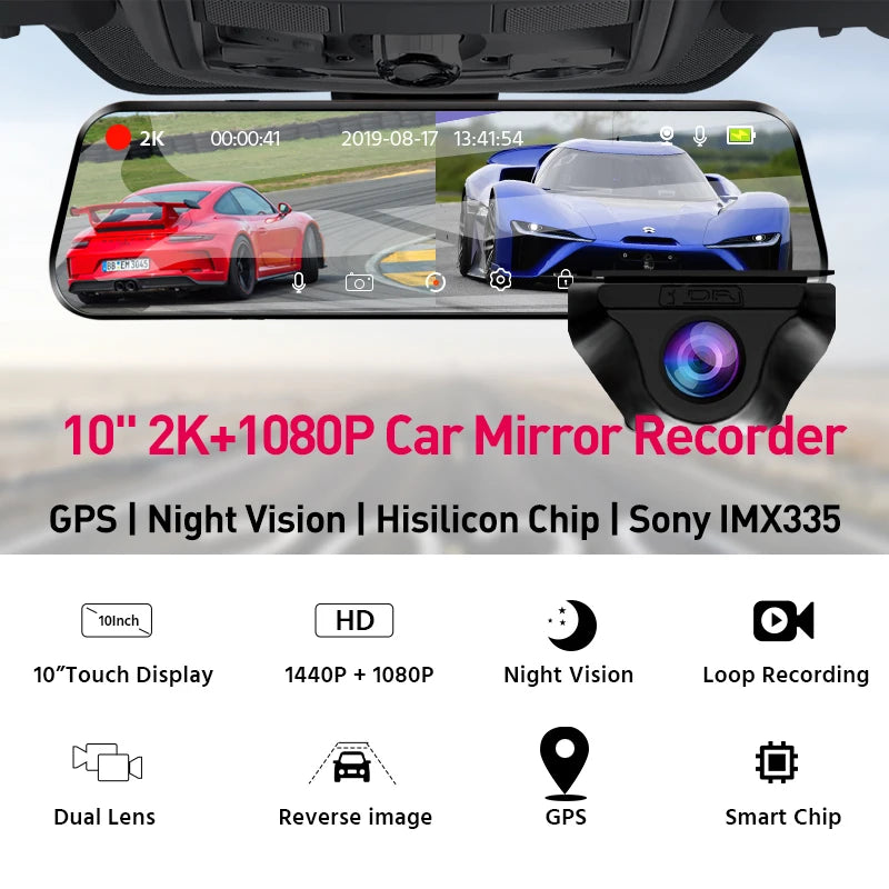 Dash Cam Touch GPS WIFI 24h Night Vision 10 Inch 2K+1080P Rearview Mirror Sony Rear Camera Car DVR Black Box 70mai Dashcam