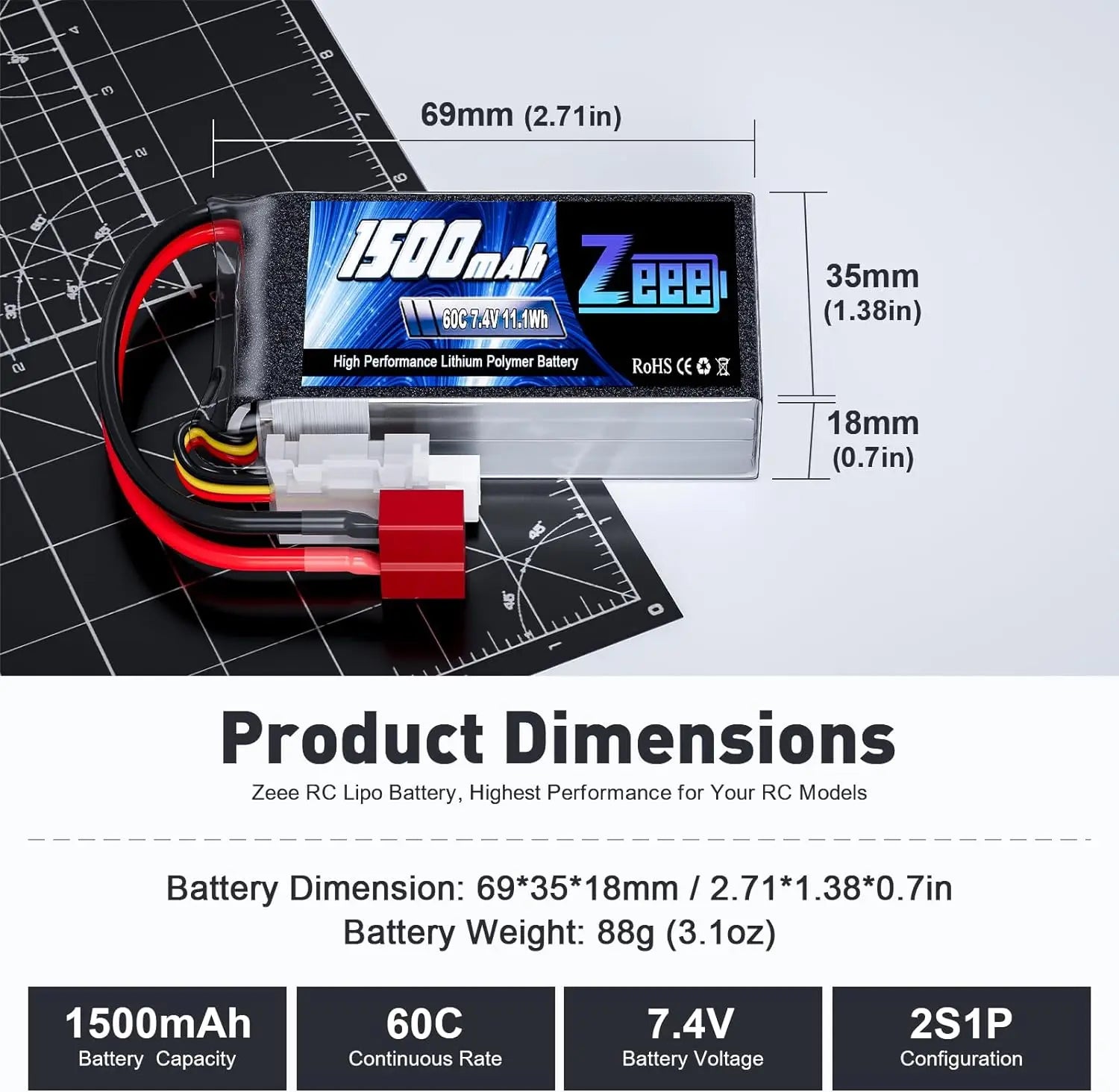Zeee 2S 1500mAh 7.4V 60C LiPo baterija paket (2 kom, Deans utikač)
