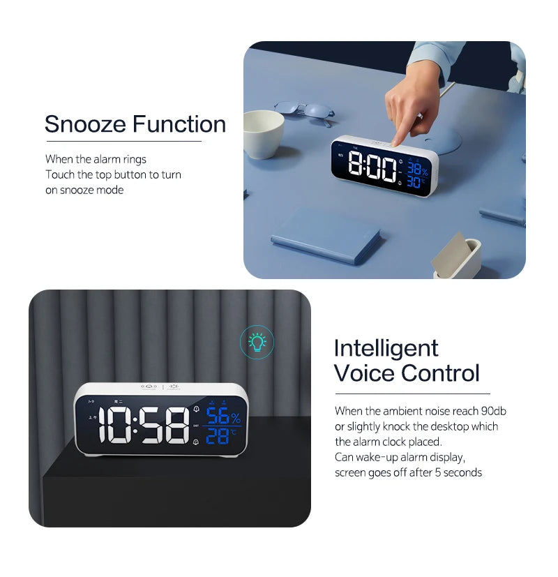 Digital Alarm Clock with Temperature, Dual Alarms & LED Display