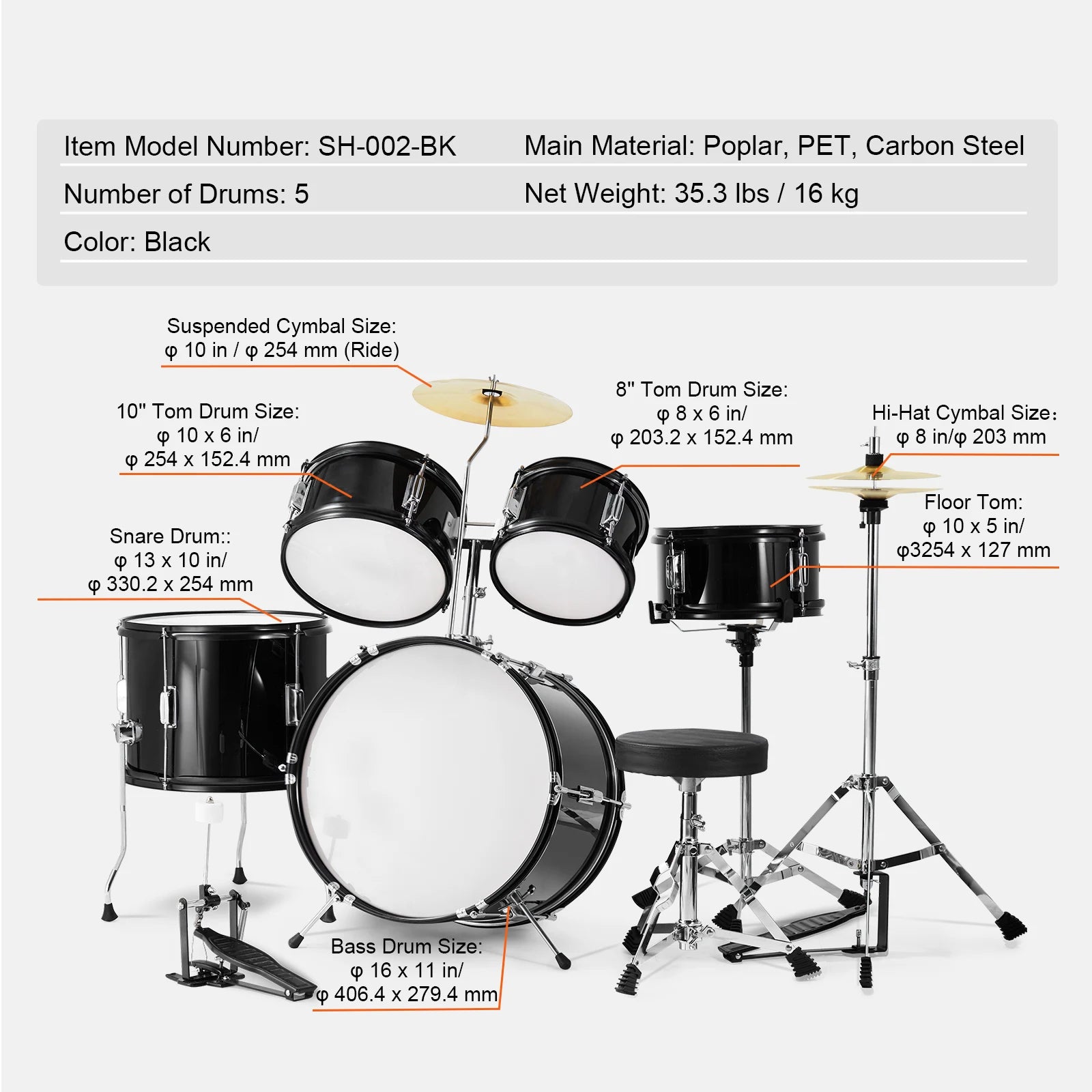 5-Piece Kids Drum Set 16'' Beginner Kit with Bass, Snare & Toms
