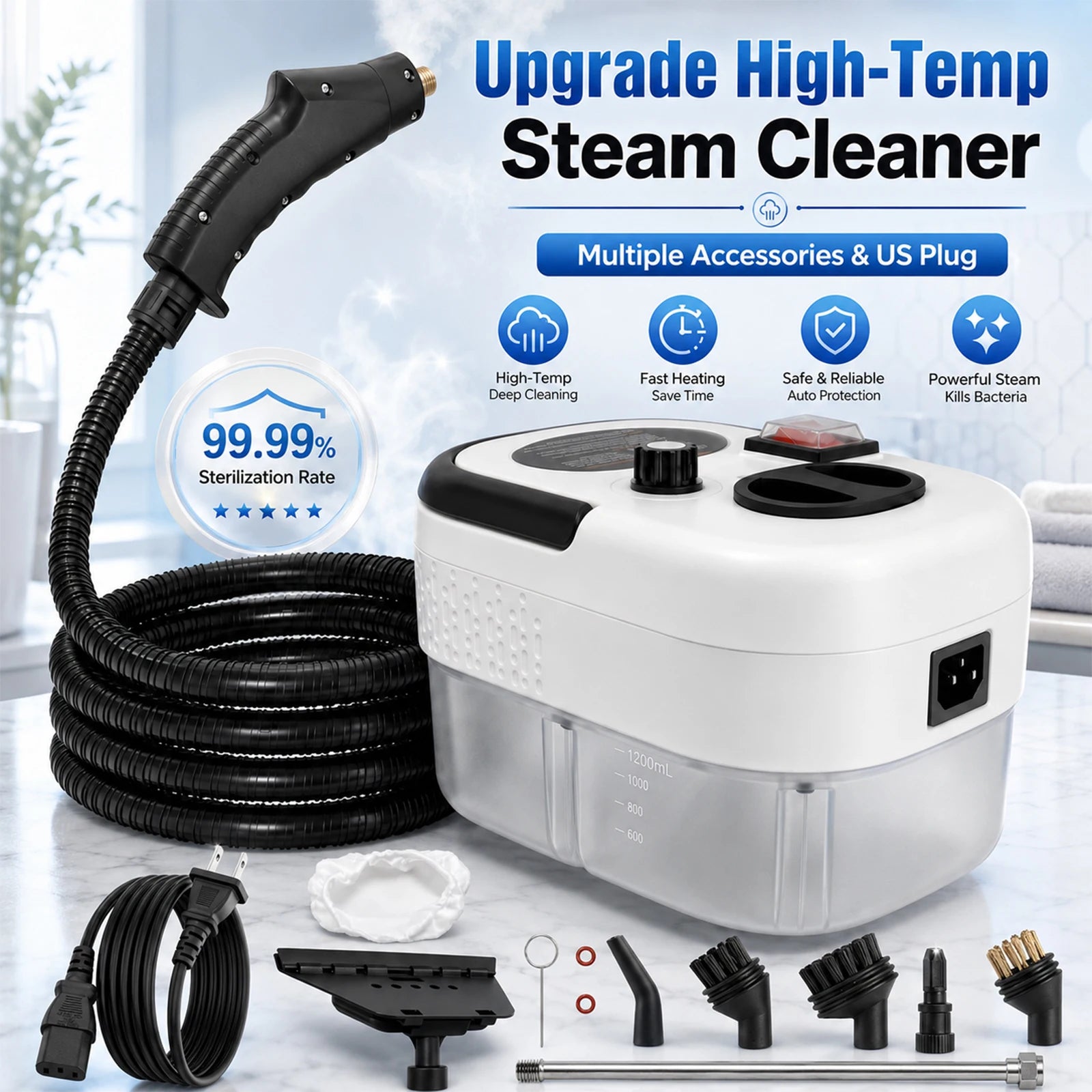 2500W Handheld Steam Cleaner with 1200ml Tank and Accessories