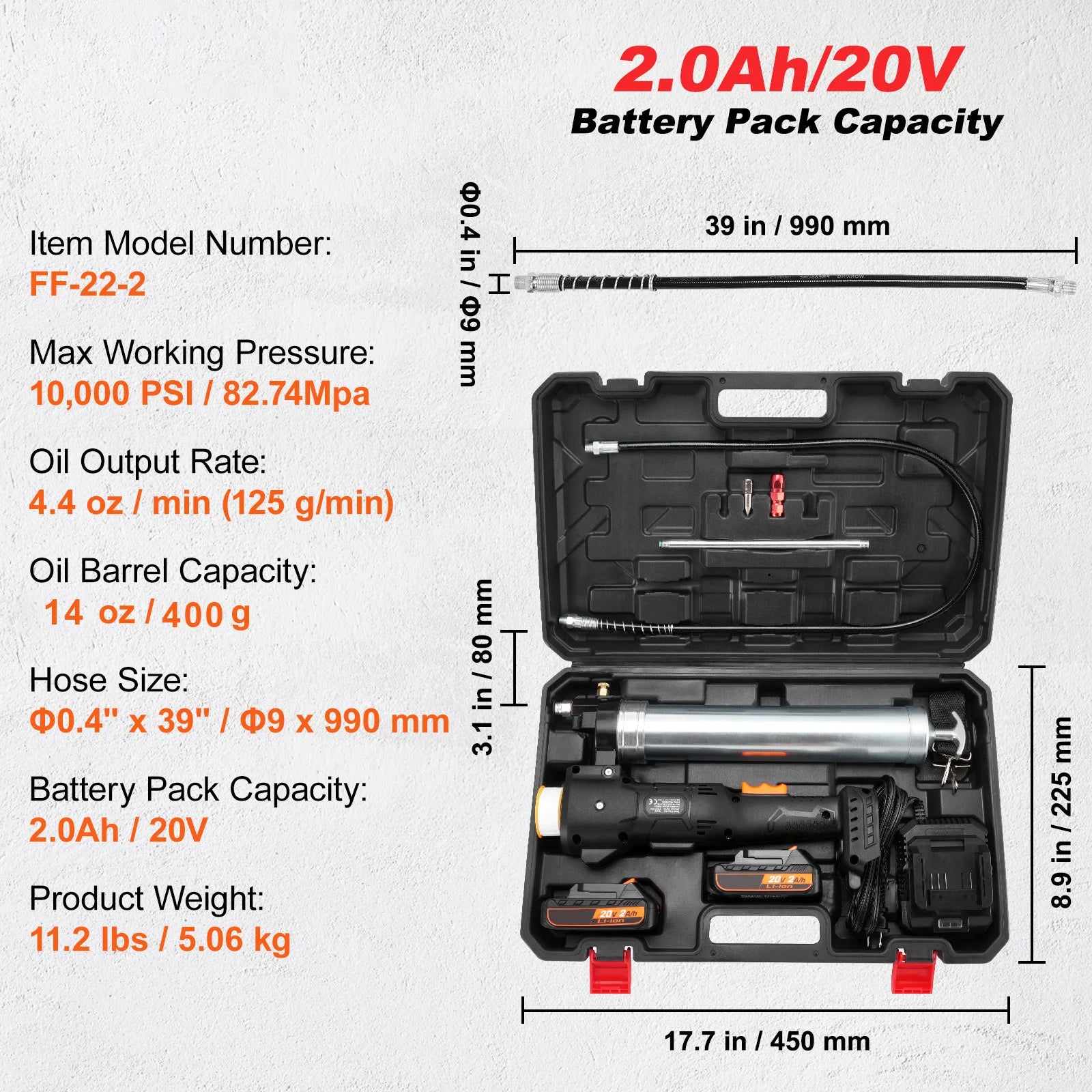 Sada bezkábľovej mazničky 10000 PSI s hadicou, LED svetlom a puzdrom