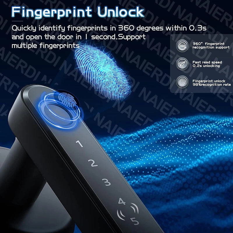 NAIERDI Fingerprint Door Lock with Card 5-1 Keyless Bluetooth Smart Door Lock Tuya APP Security Digital Door Lock with Handle