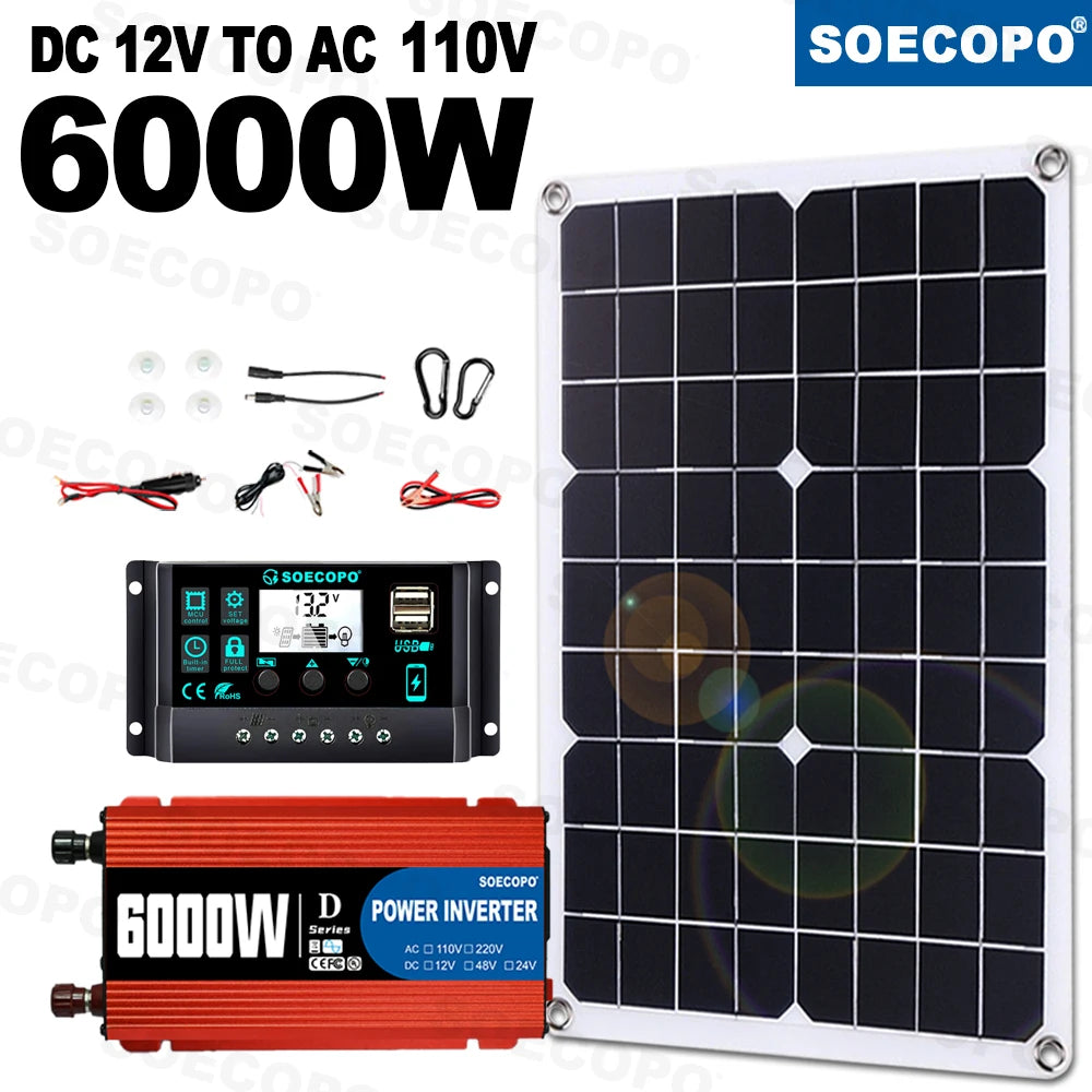 6000W Solar Power System 500W Panel 100A Controller Alligator Clips Carabiner Hooks 12V to 110V220V Inverter for Home RV CE FCC