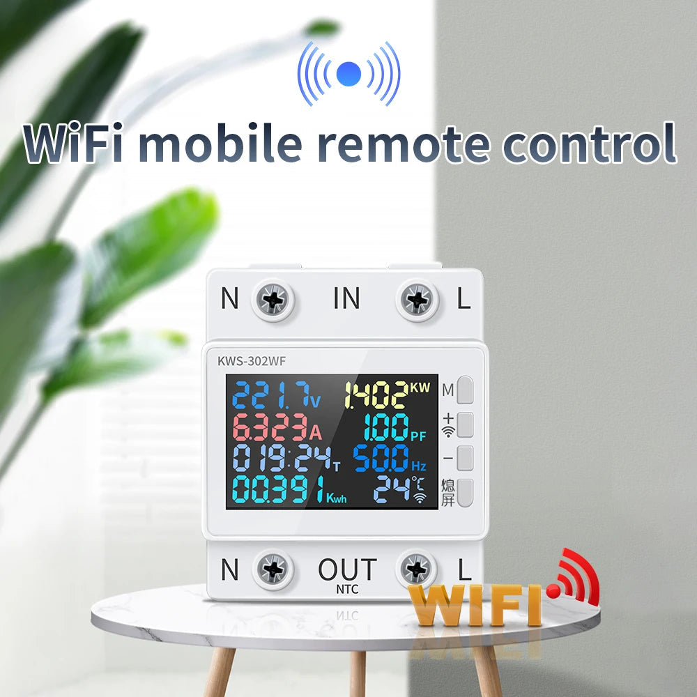 Tuya WiFi 8in1 Power Meter 2P AC Energy Meter APP Control 170-270V/63A Voltage and Current Meter Electricity Meter Smart Life