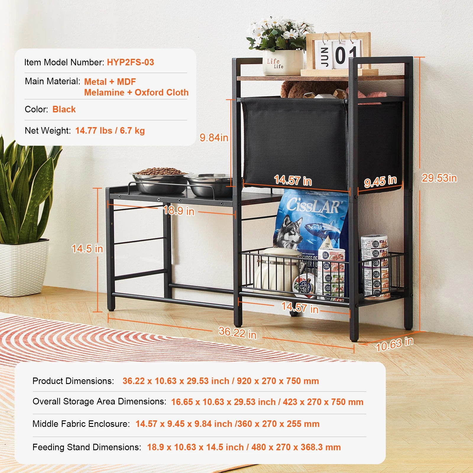 Pet Feeding Station with Storage, Elevated Dog Bowl Stand