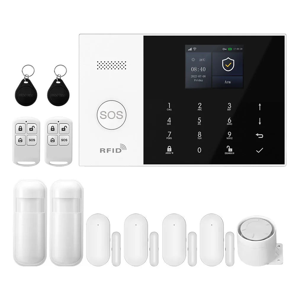 PGST Kit de système d'alarme antivol intelligent 4G WiFi Works with Tuya Works with Smart Life Connexion sans fil Ensemble de capteurs Télécommande Alerte en temps réel Sécurité domicile Bureau Entrepôt Euro