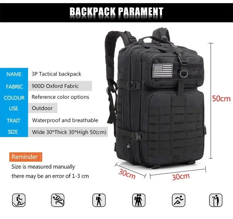 50L Tactical Backpack for Outdoor Travel and Trekking