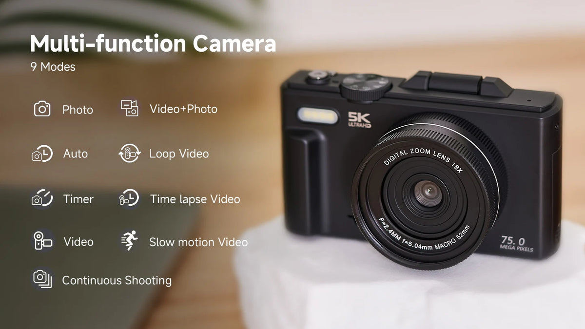75MP Digital Camera 5K 18X Zoom Flip Screen WiFi