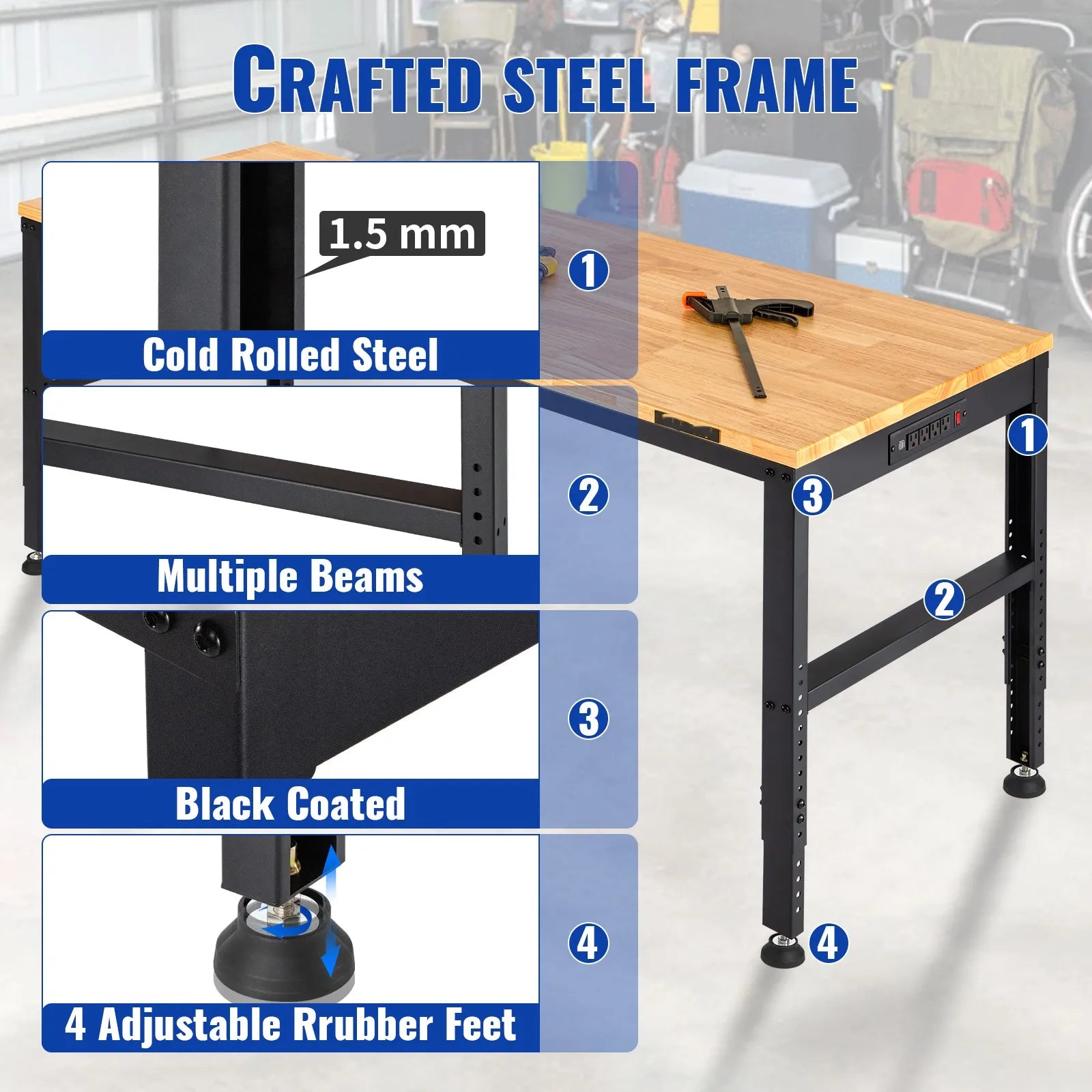 Adjustable Garage Workbench 2000 lbs Hardwood Top Work Table
