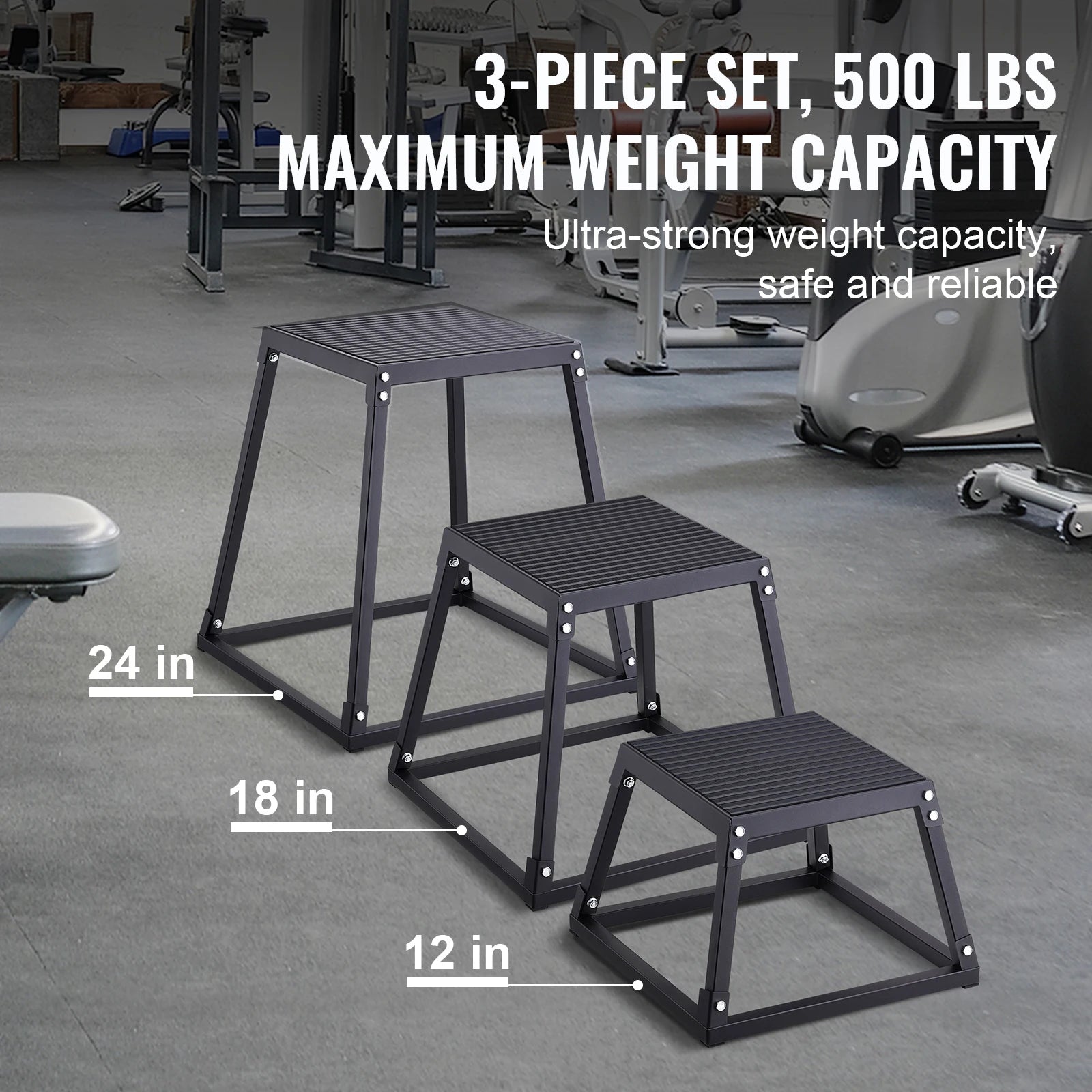 Set di 3 Box Plyometrici per Salti 12/18/24 Pollici con Piattaforma in Acciaio Antiscivolo