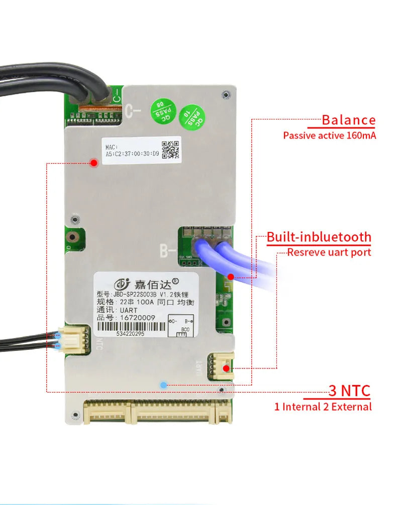 Inteligentný LiFePO4 BMS s Bluetooth vyvažovacou doskou 40A-100A pre elektrické bicykle