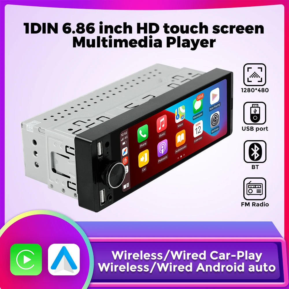 6.86" 1DIN Car Stereo with Wireless CarPlay, Android Auto & BT