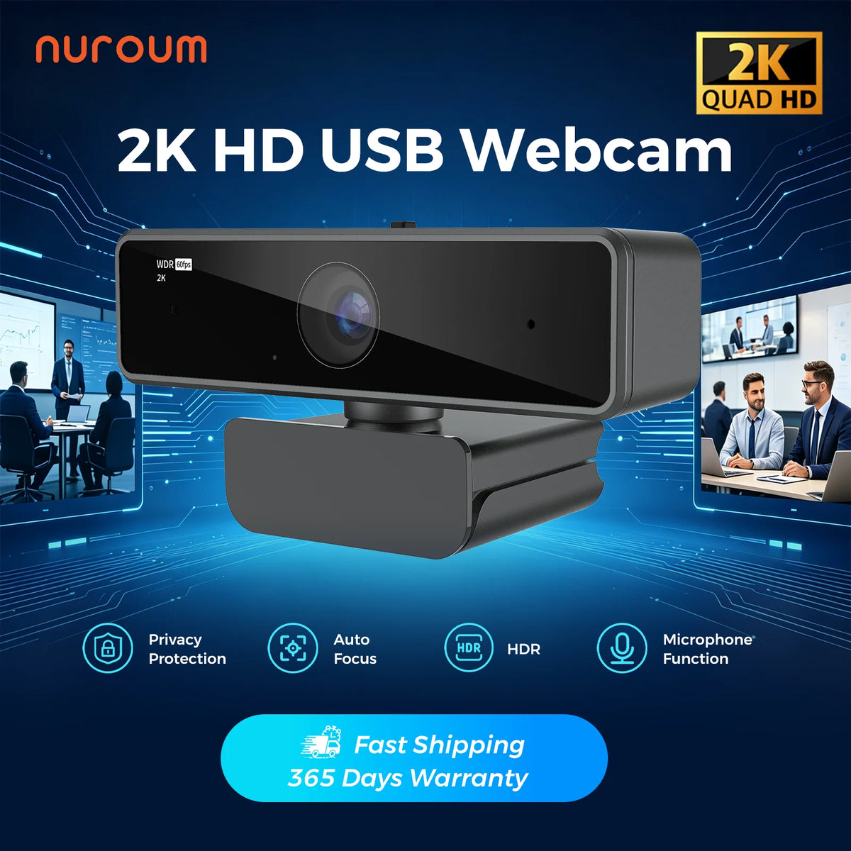 NUROUM V11 -verkkokamera, 1080P 60FPS, tukee 2K 30FPS -tarkkuutta, kaksi melua vaimentavaa mikrofonia, mini-USB-kamera kannettavalle tietokoneelle, Zoomiin, suoratoistoon ja videopuheluihin